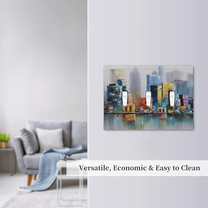 Colorful Nyc Skyline Textured Modern Abstract Decorative Switch Plates 3 Gang Wall Plate Triple Toggle Light Switch Cover Faceplate Electrical Wall Panels for Bedroom Living Room Decor