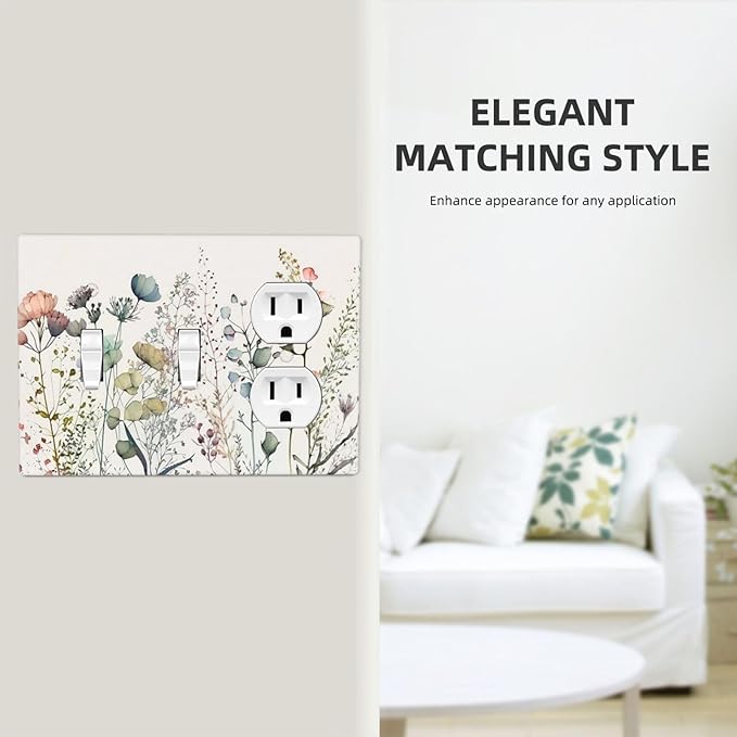 Beige/Tan Wildflower Floral Blossom 3-Gang 2-Toggle 1-Duplex Receptacle Combination Light Switch Rustic Watercolor Flowers Decorative Triple Combo Device Switches/Rocker Outlet Covers and Wall Plate