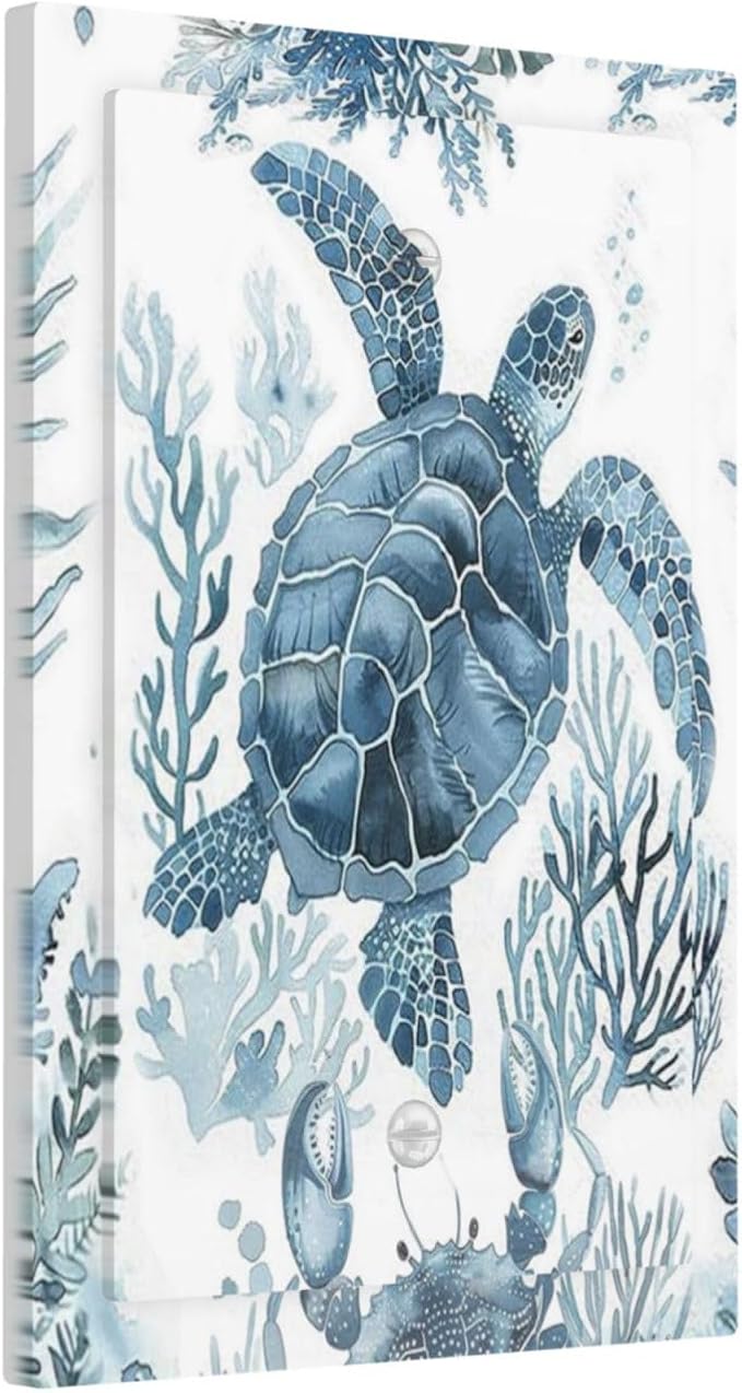 Blue Sea Turtle Coastal Coral Beach Crab Seaweed Light Switch Cover Plate 1 Gang No Device Blank Electrical Wall Plates Faceplate Decorative Switch Plate for Kids Room Bathroom Decor