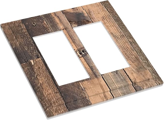 Rustic Brown Wood Plank Vintage Country Wooden Board Decorative Outlet Covers 2 Gang Double GFCI Rocker Electrical Wall Panels Light Switch Cover Plate for Farmhouse Home Decor