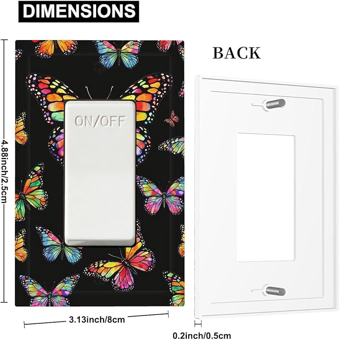 Vibrant Rainbow Butterflies on Black Single Rocker Switch Cover - 1-Gang Standard US Size Enchanted Garden Butterfly Light Switch Covers for Bedroom Decor