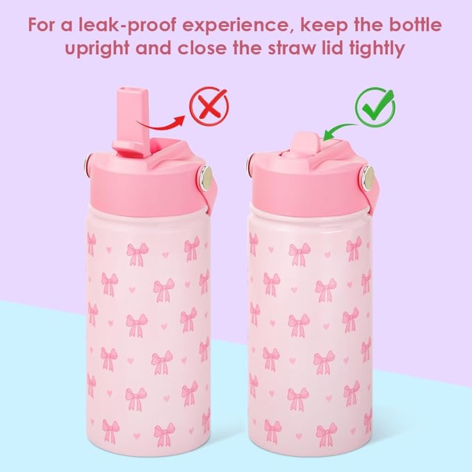 SANDJEST Kids Water Bottle with Straw Lid, Pack of 2 Insulated 12 Oz Stainless Steel Water Bottles for Girls, Travel Cup for School Sports, Bow - Mermaid