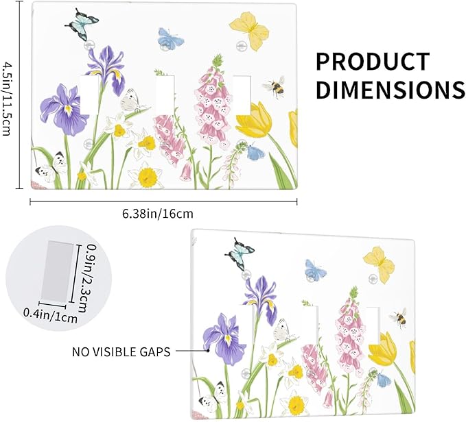 Flower Butterfly Light Switch Cover Plates Decorative Triple Toggle Wall Plate, 3 Gang Lightswitch Cover
