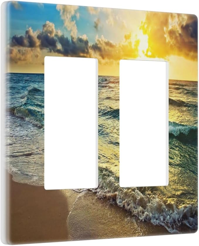 Sea Ocean Beach Sun Wave Sunrise 2 Gang Double Rocker/Decora Light Switch Cover Decorative Outlet Wall Plate Electrical Faceplate Home Family Art Decor Screwless