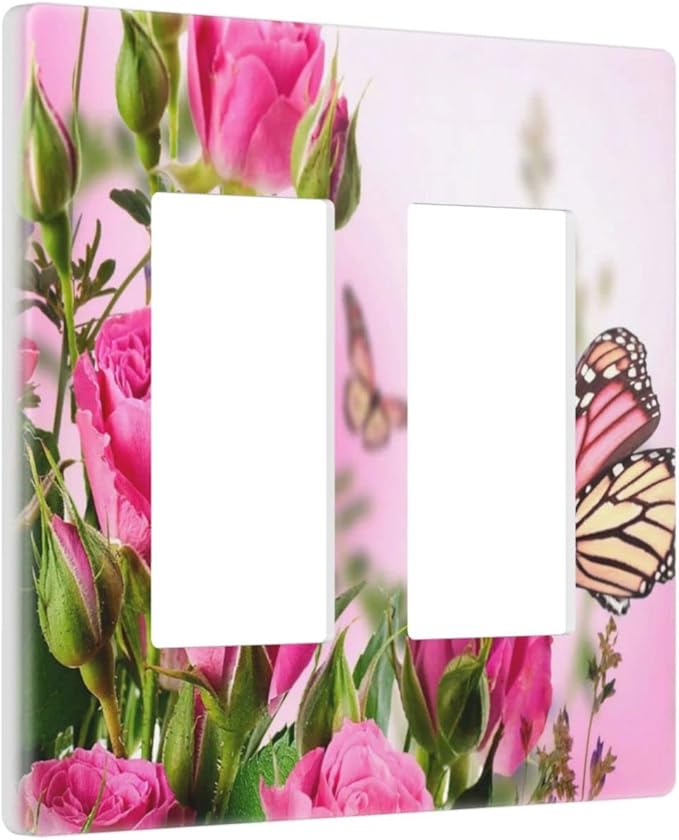 Pink Flower Butterfly 2 Gang Double Rocker/Decor Light Switch Cover Decorative Outlet Wall Plate Electrical Faceplate Spring Floral Plant Pink Green Home Bedroom Art Panel Decor Screwless 4.7" x 4.6