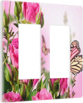 Pink Flower Butterfly 2 Gang Double Rocker/Decor Light Switch Cover Decorative Outlet Wall Plate Electrical Faceplate Spring Floral Plant Pink Green Home Bedroom Art Panel Decor Screwless 4.7" x 4.6