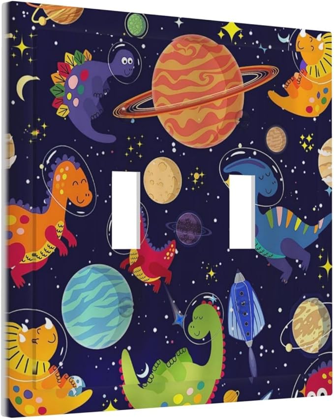 Ocean Blue Cute Cartoon Dino Kids Dinosaur 2 Gang Double Toggle Outlet Light Switch Wall Plate Outlet Cover Astronaut Universe Galaxy Outer Space Planet Nebula Boys Electrical Faceplate Switchplate