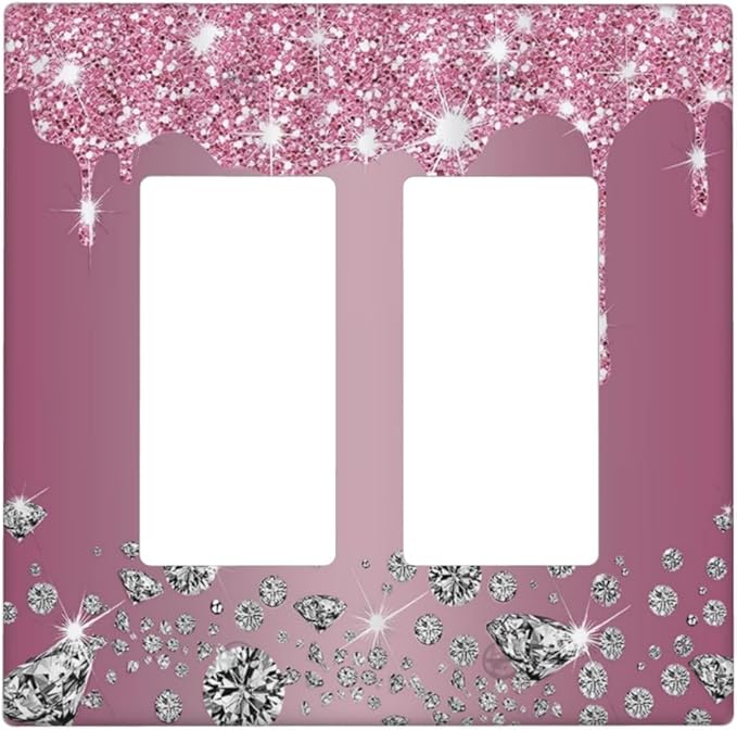 Sparkling Diamonds Pink Silver Glitter Drops Print 2 Gang Rocker Decora Light Switch Covers Decorative Unique Dual Outlet Covers Wall Plate Electrical Faceplate Switchplate GFCI for Bedroom Decor