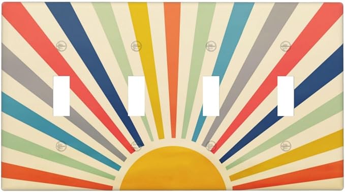 70s 60s Hippie Bohemian Minimalist Aesthetics Art Mid Century Boho Abstract Sun Sunrise 4 Gang Quad Toggle Outlet Cover Light Switch Cover Wall Plate Electrical Faceplate