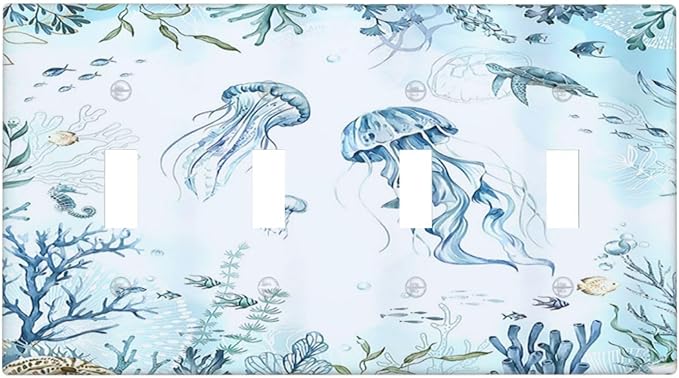 Light Switch Covers Jellyfish Teal Blue Ocean Turtle Coastal Beach Quad Toggle 4 Gang Wall Plate Electrical Faceplate Decorative Switch Plates for Bedroom Bathroom Decor