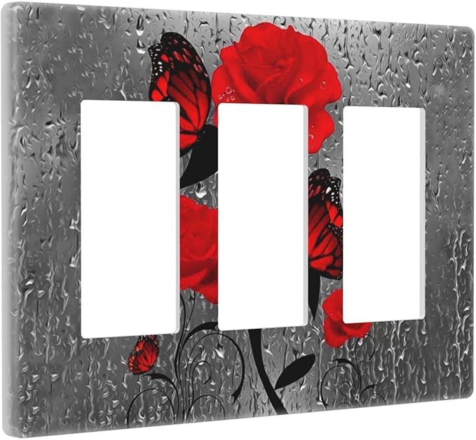 Butterfly Red Rose Flower 3 Gang Triple Rocker/Decor Light Switch Wall Plate Cover Decorative Electrical Faceplate For Girls Living Room Bedroom Decor Screwless 6.57" x 4.65