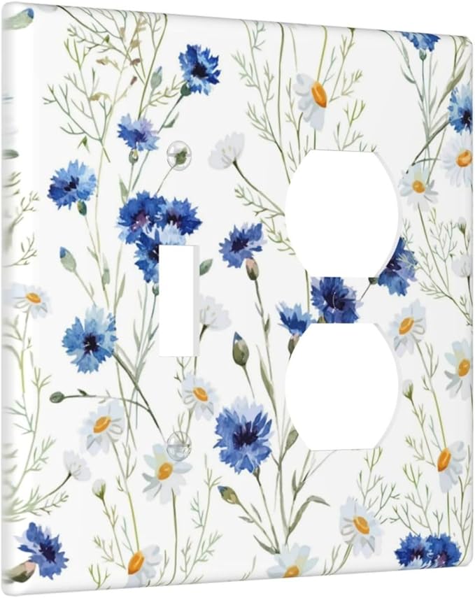 Outlet Covers Watercolor Daisy Blue Floral Vintage Plant 2 Gang Decorative Switch Plates 1 Toggle Duplex Combo Light Switch Cover GFCI Socket Cover WallPlates for Bedroom Home Decor