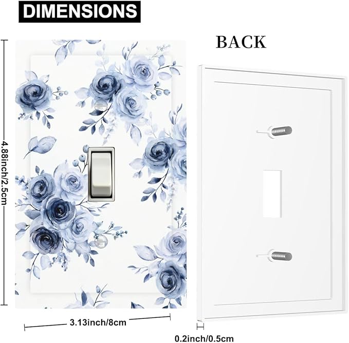 Watercolor Blue Roses 1-Gang Toggle Light Switch Plate, Serene Floral French Country Vintage Bouquet Decorative Wall Plate for Farmhouse Homes