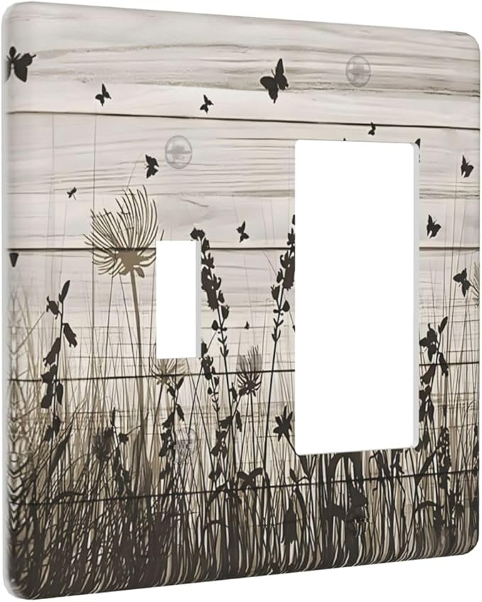 Wildflower Butterfly Grass Dandelion Vintage Wooden Print Outlet Covers 1 Toggle 1 Rocker Combination Decorative Wall Plate Electrical Switch Plates Light Switch Cover Plate for Farmhouse Home Decor