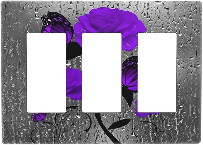 Purple Butterfly Rose Flower 3 Gang Triple Rocker/Decor Light Switch Wall Plate Cover Decorative Electrical Faceplate For Girls Room Bedroom Decorate Screwless 6.57" x 4.65