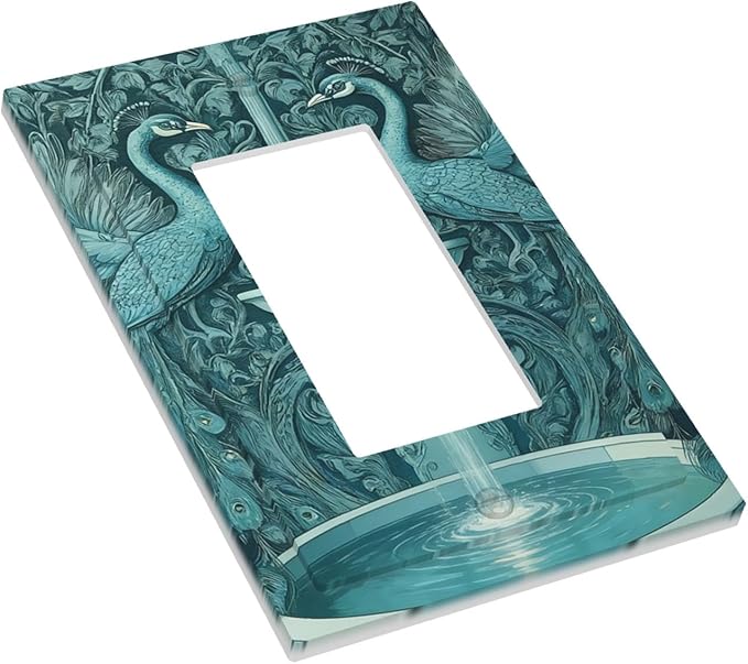 Art Nouveau Peacocks & Fountain in Teal Garden Single Rocker Switch Cover - 1-Gang Standard US Size Elegant Garden Escape Light Switch Covers for Living Room Decor