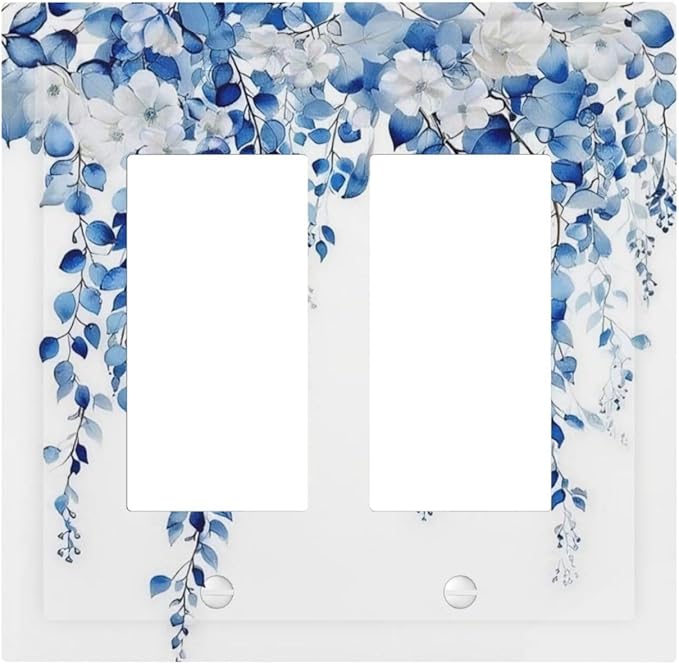 Blue Eucalyptus Leaves Floral Vine Flower Decorative Outlet Covers 2 Gang Double GFCI Rocker Electrical Wall Panels Light Switch Cover Plate for Bedroom Living Room Decor