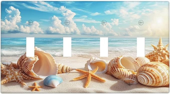 Beach Coastal Seashore Sea Starfish Shell Sand Light Switch Covers Quad Toggle Electrical Faceplate 4 Gang Wall Plate Decorative Switch Plates for Bathroom Home Decor