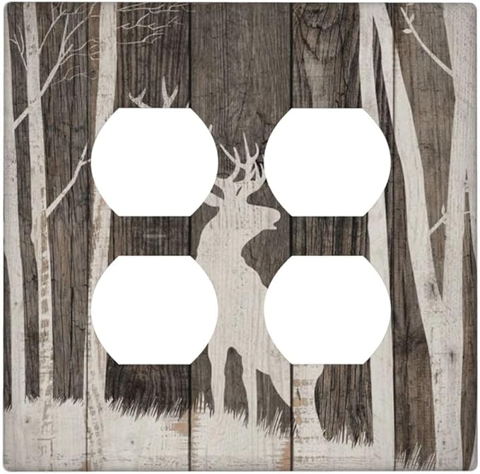 Vintage Wood Forest Deer Wildlife Animal Silhouette Outlet Covers 2 Gang Double Duplex Decorative Light Switch Covers Electrical Wallplates Socket Faceplate for Farmhouse Home Decor