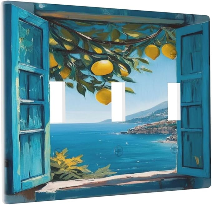 Decorative Art Light Switch Covers Seaside Window with Lemons 3 Gang Triple Toggle Wall Plate Decorative Switch plate Electrical Faceplate for Home Decor