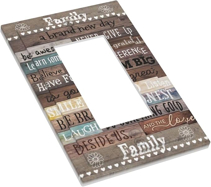 1 Gang Single GFCI/Decorator Rocker Outlet Light Switch Wall Plate Cover Rustic Vintage Country Family Home Inspirational Quotes Rule Cabin Barn Wood Decorative One Device Electrical Faceplate Dimmer