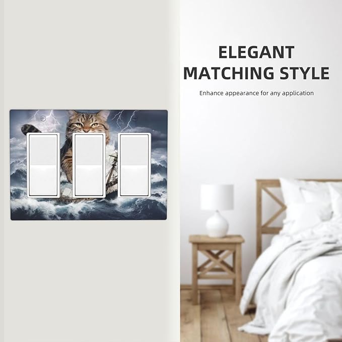Decorative Outlet Covers Funny Cat Sea Ship Ocean Billow Wave Novelty 3 Gang Wall Plate Triple Rocker Switch Light Switch Plate Covers Jumbo Electrical GFCI Switch Cover Plate