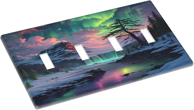 Snow Mountain Aurora Waterfalls Rivers Forest Light Switch Covers Quad Toggle Electrical Faceplate 4 Gang Wall Plate Decorative Switch Plates Cover for Bedroom Living Room Decor