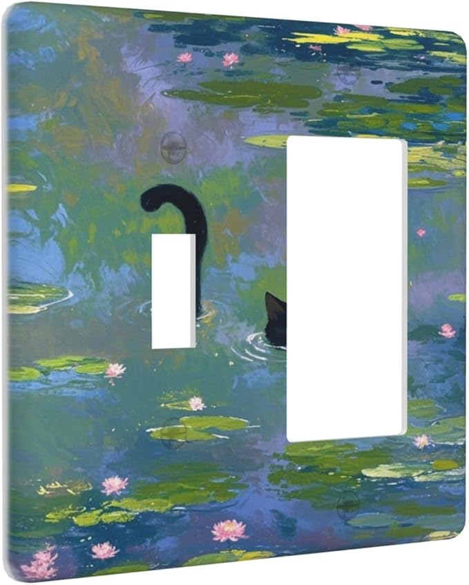Outlet Covers Cute Black Cat Water Lily Pond Watercolor 2 Gang Combo Light Switch Cover Plate Toggle Rocker Wallplates Decorative Switch Plates and Outlet Covers for Kids Room Nursery Decor