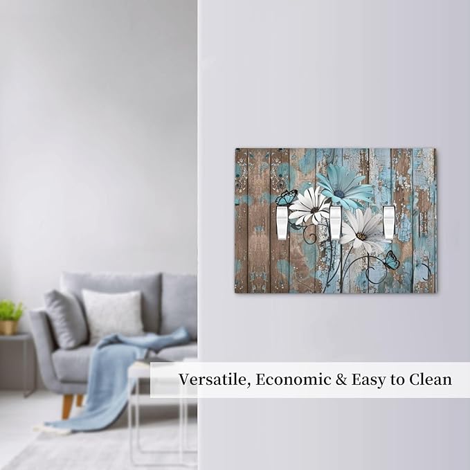 Decorative Switch Plates Rustic Flower Teal Turquoise Daisy Butterfly 3 Gang Wall Plate Triple Toggle Light Switch Cover Faceplate Electrical Wall Panels For Farmhouse Cabin Decor