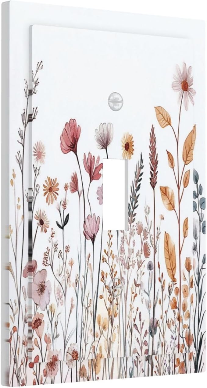 Decorative Light Switch Cover Spring Floral Pink Wildflower Leaves Plants 1 Gang Single Toggle Device Electrical Faceplate Switchplates Decorator Outlet Wall Plate For Home Bed Room Decor