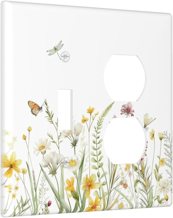 Colorful Wildflowers Dragonfly Butterfly Floral Wallplates 1 Toggle 1 Duplex Switch Plate Electrical GFCI Faceplate Decorative Light Switch Covers for Bedroom Living Room Decor