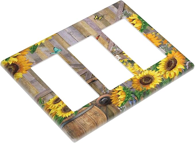 Rustic Sunflower Barn Door Country Wood Plank 3 Gang Rocker Light Switch Covers Decorative Triple Outlet Wall Plate Cover Faceplate Decorative Switchplate GFCI for Farmhouse Bathroom Bedroom Decor