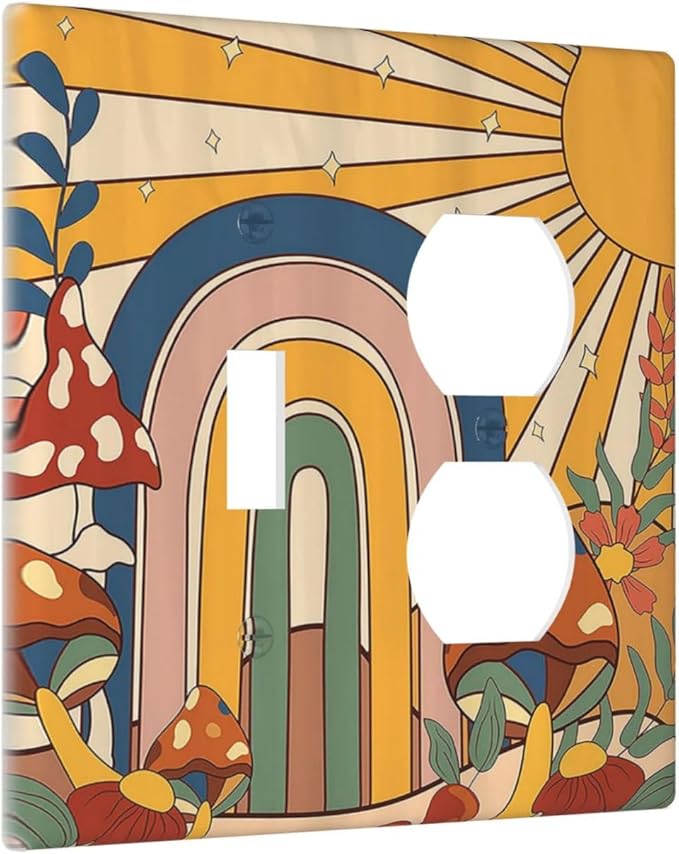 Wallplates Mushroom Hippie Sun Rainbow Vintage Floral Funky Boho 1 Toggle 1 Duplex Switch Plate Electrical GFCI Faceplate Decorative Light Switch Covers for Bedroom Kids room Decor