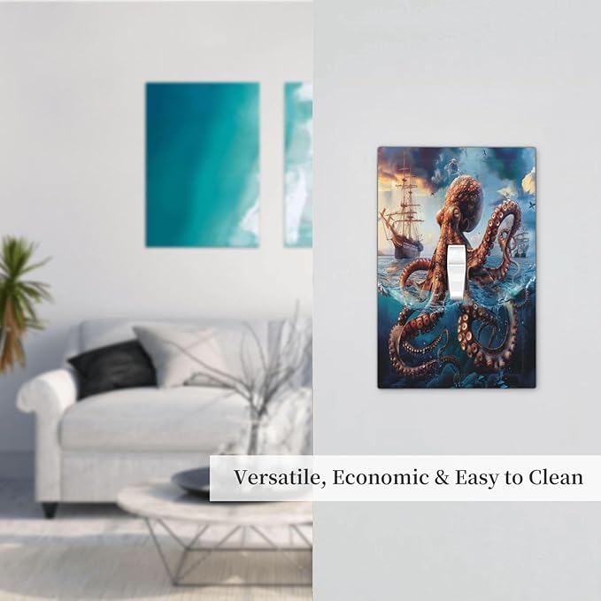Light Switch Cover Plate Deep Ocean Octopus Sailboat Sea Monster 1 Gang Single Toggle Decorative Switch Plates Wall Plates Electrical Faceplate Socket Covers for Bathroom Bedroom Decor