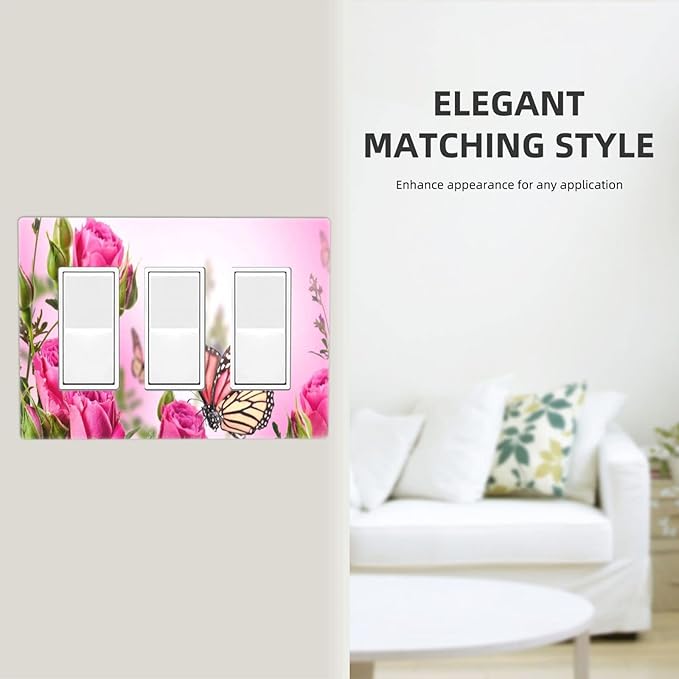 3 Gang Triple Rocker/Decor Light Switch Wall Plate Cover Decorative Butterfly Floral Pink Rose Blossom Electrical Faceplate Switchplates for Girl Spring Romance Flower Bouquet Room Decor Screwless