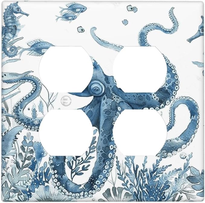 Blue Octopus Squid Seahorse Coral Watercolor Wild Sealife Outlet Covers 2 Gang Double Duplex Decorative Light Switch Covers Electrical Wallplates Socket Faceplate for Bathroom Kids Room Decor