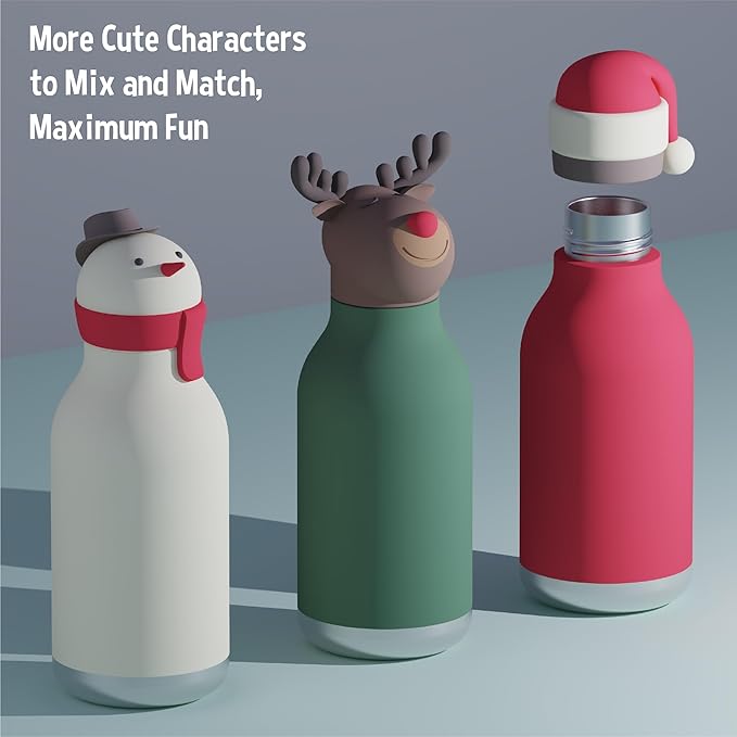 asobu Bestie Bottle Replacement Head For Insulated Stainless Steel Water Bottle, Detachable Soft Animal Head, Collectable Bottle Head for Fun Drinking For Kids, Reindeer