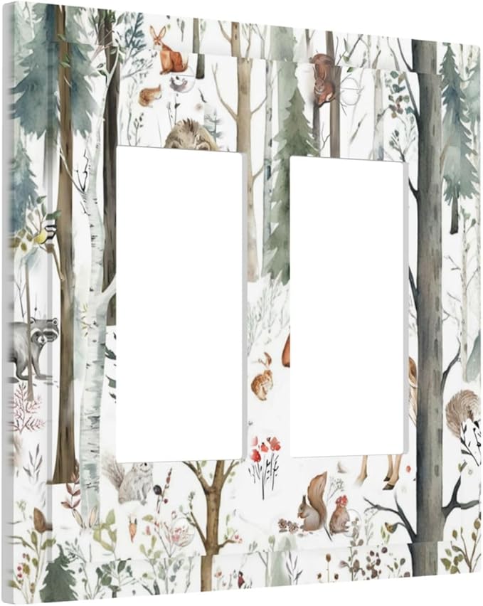 Snow Bear Fox Deer Forest Squirrel Wild Life Animal Decorative Outlet Covers 2 Gang Double GFCI Rocker Electrical Wall Panels Light Switch Cover Plate for Farmhouse Kids Room Decor