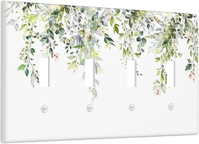 Light Switch Covers Green Eucalyptus Leaves Floral Wildflower Quad Toggle Electrical Faceplate 4 Gang Wall Plate Decorative Switch Plates For Bed Room Living Room Decor