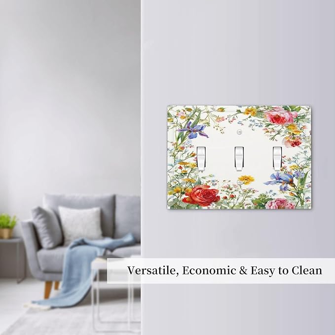 Decorative Light Switch Cover Plate Rustic Red Flower Garden Floral 3 Gang Wall Plates for Electrical Outlets Triple Toggle Switch Plate Covers Outlet Covers Faceplate for Country Home Decor