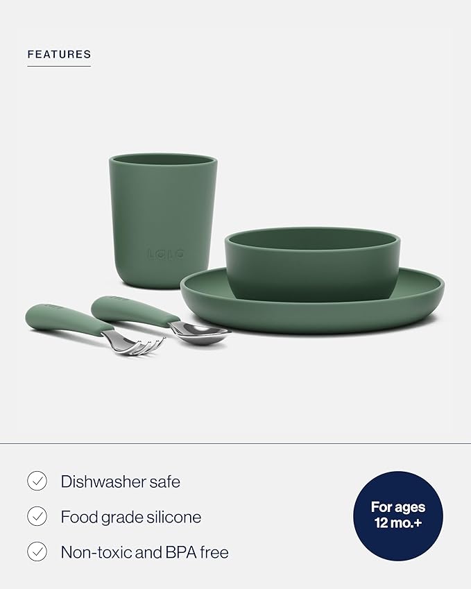 Lalo Big Bites Kids Dinnerware Starter Set - Dishwasher Safe, BPA Free, Kids Tableware Set - Includes Stackable Bowl, Plate, Utensils & Cup - 5 Pieces - Olive