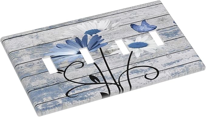 Blue White Daisy Flower Butterfly Rustic Wood Board Light Switch Covers Quad Toggle Electrical Faceplate 4 Gang Wall Plate Decorative Switch Plates Cover for Farmhouse Bedroom Decor