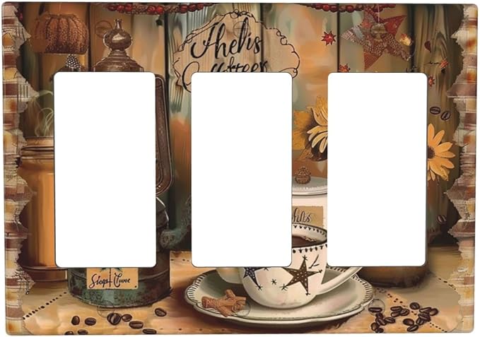 Decorative Outlet Covers Vintage Coffee Pot Star Farmhouse Wood Plank 3 Gang Wall Plate Triple Rocker Decora Light Switch Cover Plate Jumbo Electrical GFCI Switch Plate Cover