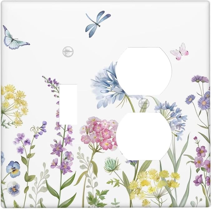 Colorful Wildflowers Dragonfly Lavender Butterfly Insect Wallplates 1 Toggle 1 Duplex Switch Plate Electrical GFCI Faceplate Decorative Light Switch Covers for Bedroom Living Room Decor