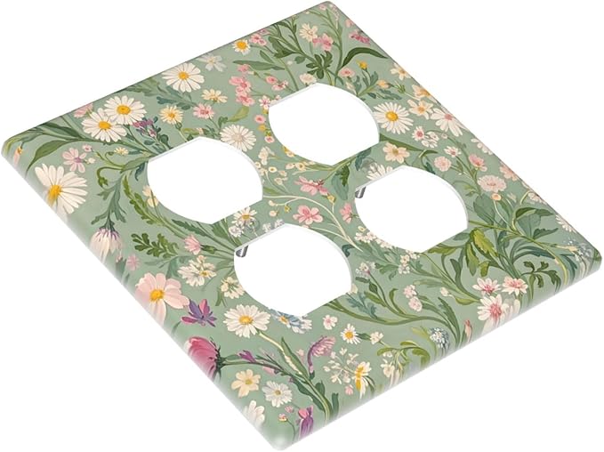 Decorative Outlet Covers with Vintage Wildflowers & Daisies on Light Green Background Design 2 Gang Wall Plate Double Duplex Receptacle Light Switch Cover Switch Plate Cover