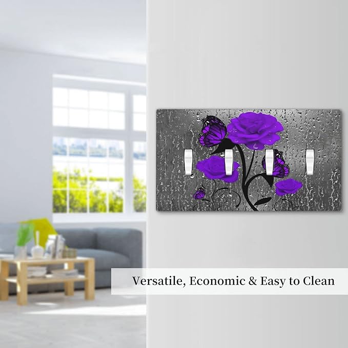 Purple Butterfly Rose Flower 4 Gang Light Switch Cover Decorative Quad Toggle Wall Plate Decorative Electrical Faceplate For Girls Room Bedroom Decorate Screwless 8" x 4.5 Large Size