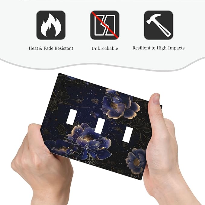 Navy Blue Floral Vintage Flower Dark Watercolor Decorative Switch Plates 3 Gang Wall Plate Triple Toggle Light Switch Cover Faceplate Electrical Wall Panels for Bedroom Living Room Decor