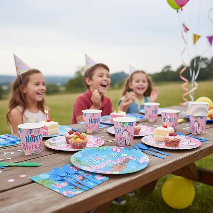 Cute Blue-Pink Cartoon Themed Party Supplies for kids Birthday Party Decorations Disposable Tableware Set With Plates,Cups, Napkins,Knives,Forks,Spoons,Perfect for 24 Guests