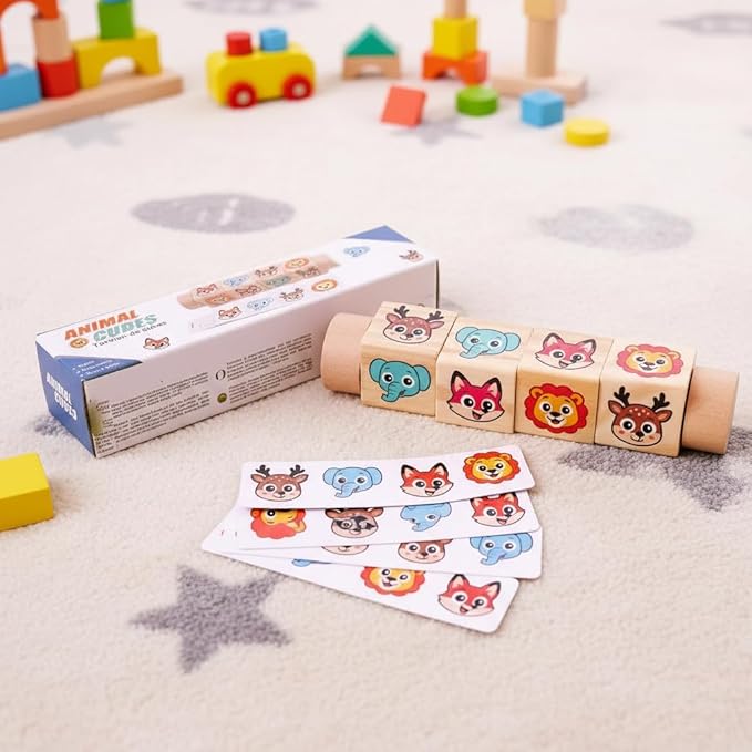 Wooden Animal Rotating Blocks Puzzle Montessori Toddler Matching Game Fine Motor Skills Sensory Toy for Kids 1-3 Years Old