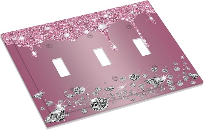 Sparkling Diamonds Pink Silver Glitter Drops Print 3 Gang Light Switch Covers Decorative Unique Triple Toggle Wall Plate Electrical Faceplate Switchplate for Bathroom Bedroom Home Decor